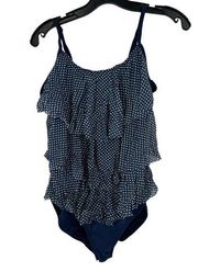 TROPICAL ESCAPE NAVY POLKA DOT TIERED RUFFLE ONE PIECE SWIMSUIT SZ 8
