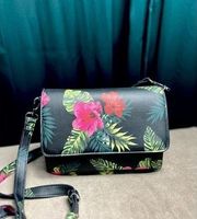 Black Pink Faux Leather Tropical Hawaiian Floral Bag Crossbody Purse