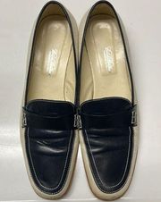 Beige Navy Twill and Leather Classic Slip-On Loafers- Size 8