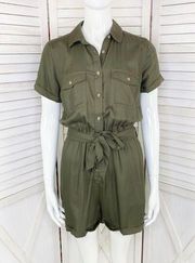 Juniors SO Cuffed Hem Button Front Utility Romper Olive Green Small