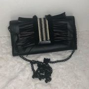 Loeffler Randall black leather with fringe envelope crossbody bag.