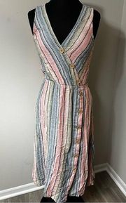 Indigo Rein Pastel Linen Blend Striped Button V Neck Midi Dress in Size Medium