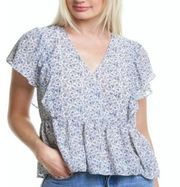 Madewell Ruffle Sleeve Georgette Peplum Top Floral Vintage Parchment