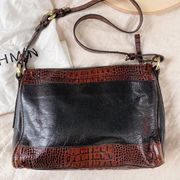 Brahmin Black Leather Brown Corc Embossed Leather Trim Shoulder Bag Purse