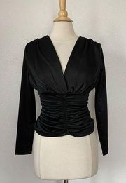 Black Long Sleeve V-Neck Slimming Ruched Blouse