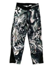 Nike  Pro Dri-Fit Capri Leggings Black & White Coral Print S