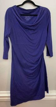 Patagonia Seabreaks Asymmetrical Hem 3/4th Sleeve Ruched Side Blue Dress L