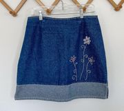 Vintage Y2K  Denim Skirt with Embroidered Flowers, Size 11/12