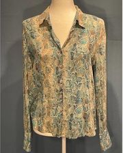 Talbots 100% Pure‎ Silk Long Sleeve Button Up Blouse Snake Print Pattern