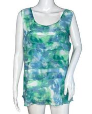 Studio Works Shirt Womens Large Blue Green Watercolor Shutter Pleat Layer Office