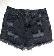 High Waisted Black Distressed Shorts