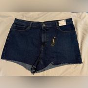 Express Jean Shorts Women 16 Midi High Rise Raw Hem Blue Denim Stretch Dark NEW