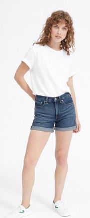 Classic Vintage Dark Blue Wash Raw Hem Mid-Rise Relaxed Denim Shorts