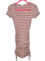 Emory Park Square Neck Ribbed Striped Bodycon Stretch Dress Pink Tan S NWOT