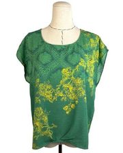 CAbi Sheer Chiffon Green Yellow Pullover Envy Cap Sleeve Floral Roundneck Blouse