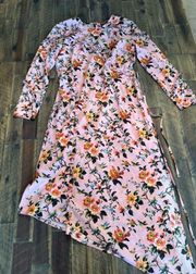 Topshop Pink Floral Midi Long Sleeve Asymmetrical Dress size 4 with ruffels