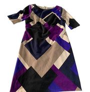 Eliza J Dress Womens 6 Petite Purple Tan Geometric Print Shift Mini Short Sleeve