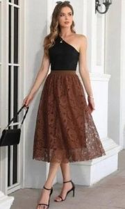 Boutique Brown Lace High Waist A-Line Midi Skirt 4