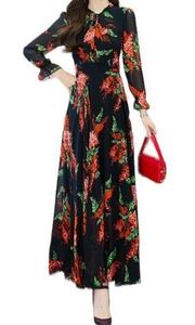 Black Red Floral Tie Bow Neck Maxi Long Dress Sheer Long Sleeve size 14 NWT