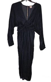 Velvet Long Sleeve V Neck Tie Ruched Waist Maxi Dress Dark Blue 8