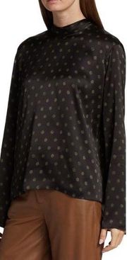 Vince  Silk Sun Dot Mock Neck Long Sleeve Blouse in Black Large