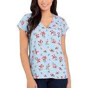 Hilary Radley Light Blue V-Neck Floral Short Sleeve Blouse M