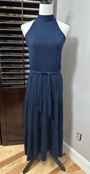 Womens A Line Dress Blue Keyhole Maxi Halter Sleeveless Belt S New