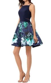 XSCAPE Floral Navy Green Fit & Flare Mesh Sleeveless Dress Size 8 NEW