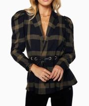 NWT Ramy Brook Ina Puff Plaid Jacket Black Green Gold Metallic XS Extra Small