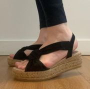 Eric Michael Sally espadrilles wedge black suede knot front detail