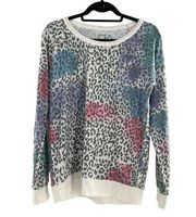 CHASER Cozy Super Soft Painted Leopard Pullover Sweatshirt Ribbed Hem Size M