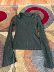 Design Olive Green Cropped Ribbed Sweater Thin Long Sleeve Collar Top 0