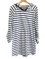 Nautica Womens Striped Hoodie Sleep Shirt Nightgown Navy White Anchor Small