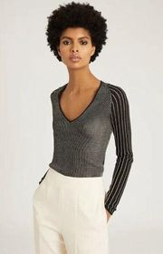 Reiss Esta Metallic Ribbed V-Neck Plunge Long Sleeve Top in Gold and Black Small