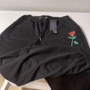 New ROMWE Graphic Black Sweat Pants Joggers w Red Rose size Small