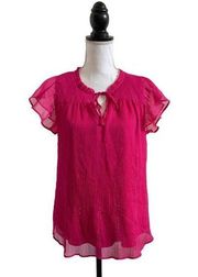 LC Lauren Conrad Hot Pink Metallic Sparkle Tie Front Flutter Top Ladies Medium