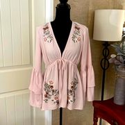 Gianni Bini GB Floral Pink Embroidered Peasant Top Bell Sleeves Size Small