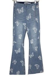 Tinseltown Jeans Junior 7 Blue White Butterflies Wide Flare Leg High Rise Casual