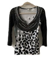 Alberto Makali Womens Size Medium Multicolor Embellished Scoop Neck Blouse