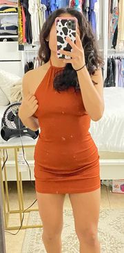 burnt orange halter mini dress