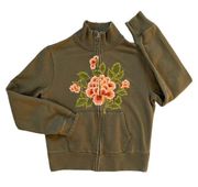 Vintage Y2K Lucky Brand Olive Green Floral Embroidered Sweatshirt