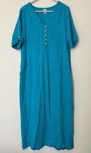 Chicos Size 2 US 12/14 Maxi Dress with Pockets Blue Short Sleeve Modest Long