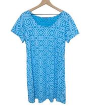 FRESH PRODUCE Women's XL Cotton Short Sleeve Midi Dress Diamond Print Blue USA