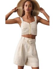 Farm Rio Pleated Front Tailored Linen Shorts Off White  Size Medium NWOT $145