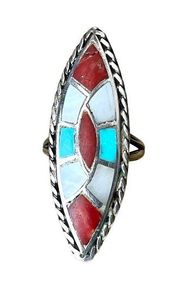 Vintage Sterling Silver Mother of Pearl Turquoise Southwestern Shield Ring Sz 8