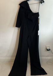 Jay Godfrey Pogge Black Ruffle 1 Shoulder Wide Leg Jumpsuit