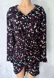 Black & Purple, Floral, Long Sleeve Blouse