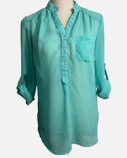 Aqua Chiffon 3/4 Tab Sleeve Blouse Women’s Size Small