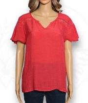 Counterparts Short Sleeve Red Gauze Blouse Flutter Sleeve Crochet V Neck Size L