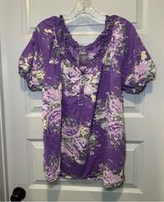 Laura Scott Purple Floral Scoop Neck Short Sleeve Blouse size 2X
